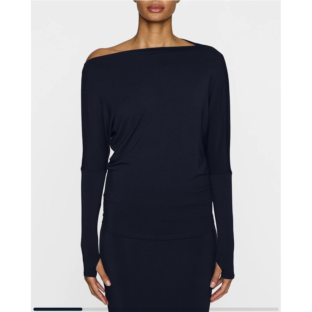 Bleusalt The One Shoulder Top Navy Blue Long Sleeve Thumbholes Size 1 Small